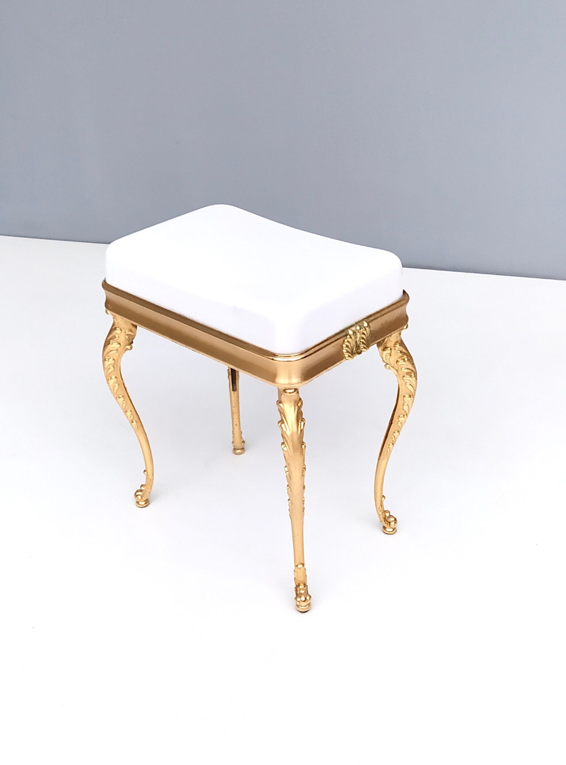 Midcentury White Plastic Seat Ottoman with Cast Brass Legs, Italy