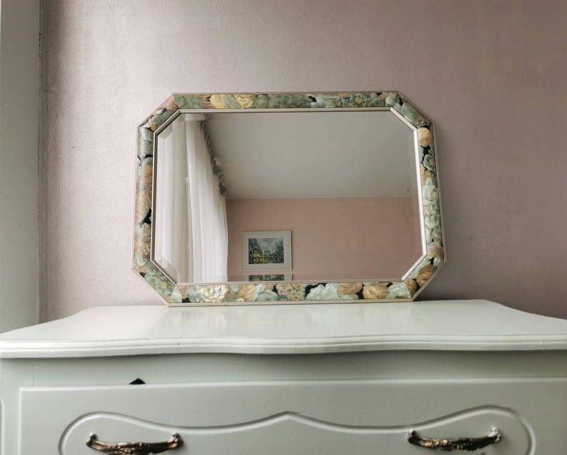 Vintage floral mirror in wood and cut glass, 80s