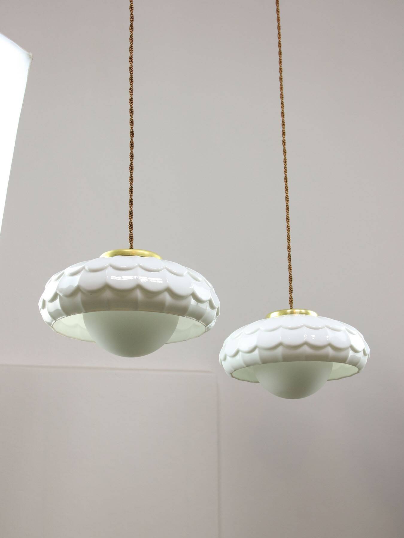Mid-Century Italian Ceramic & Brass Pendant Lamps, Set of 2