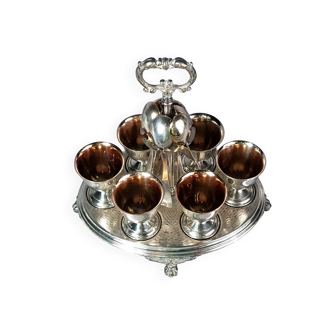 Ancien oeufrier complet : coquetiers, cuillères et présentoir métal argenté C510