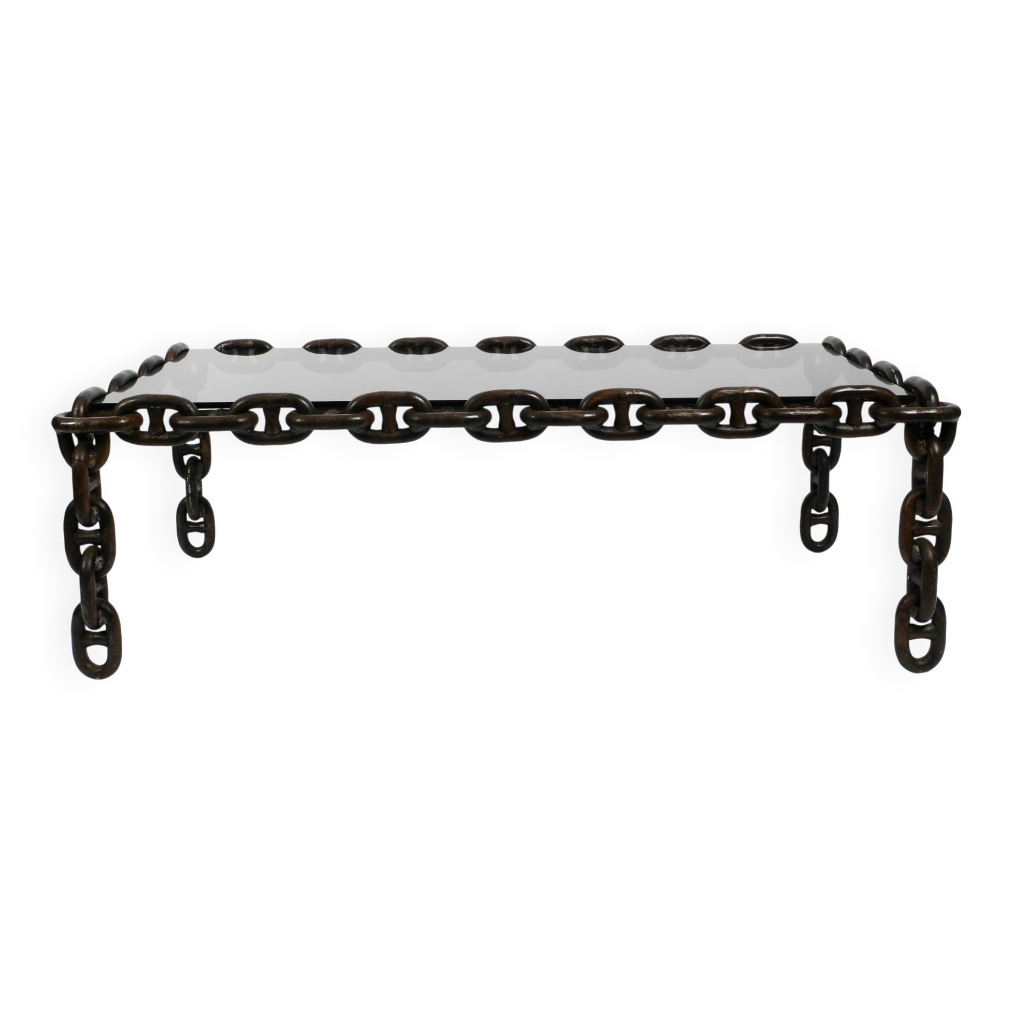 1970s XL Coffee Table Made of Nautical Iron Chain and a Thick Smoked Glass