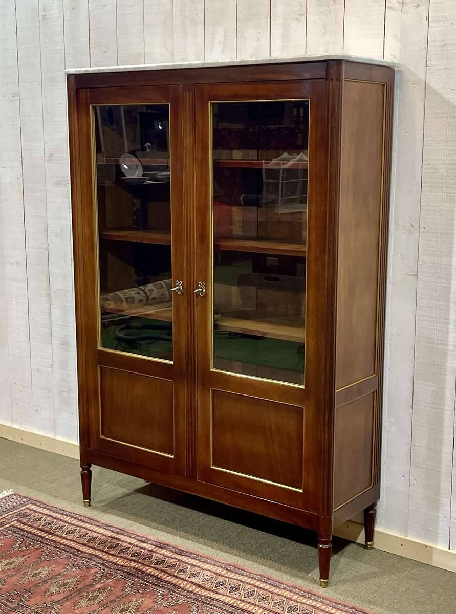 Louis XVI style bookcase in mahogany and marble top from the 70s
