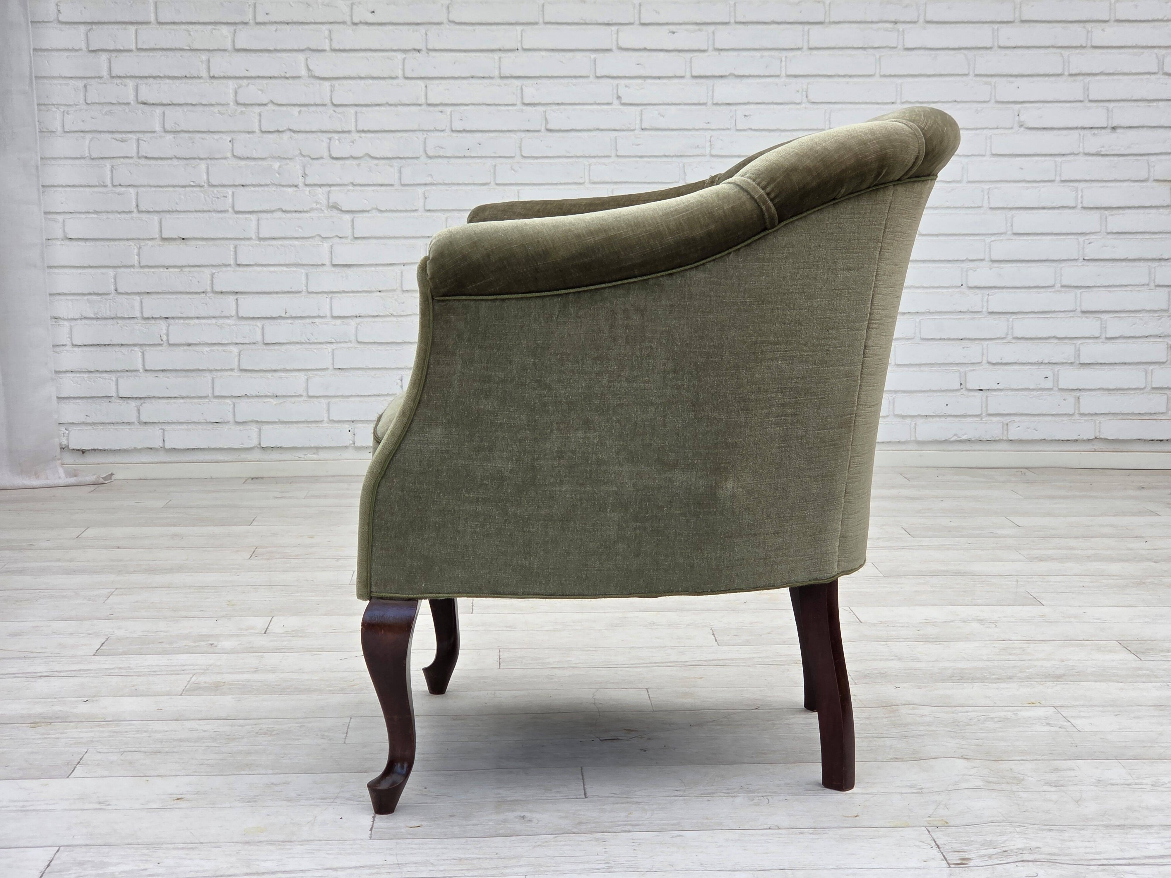 1960s, Danish armchair, green furniture velour, beech wood legs.