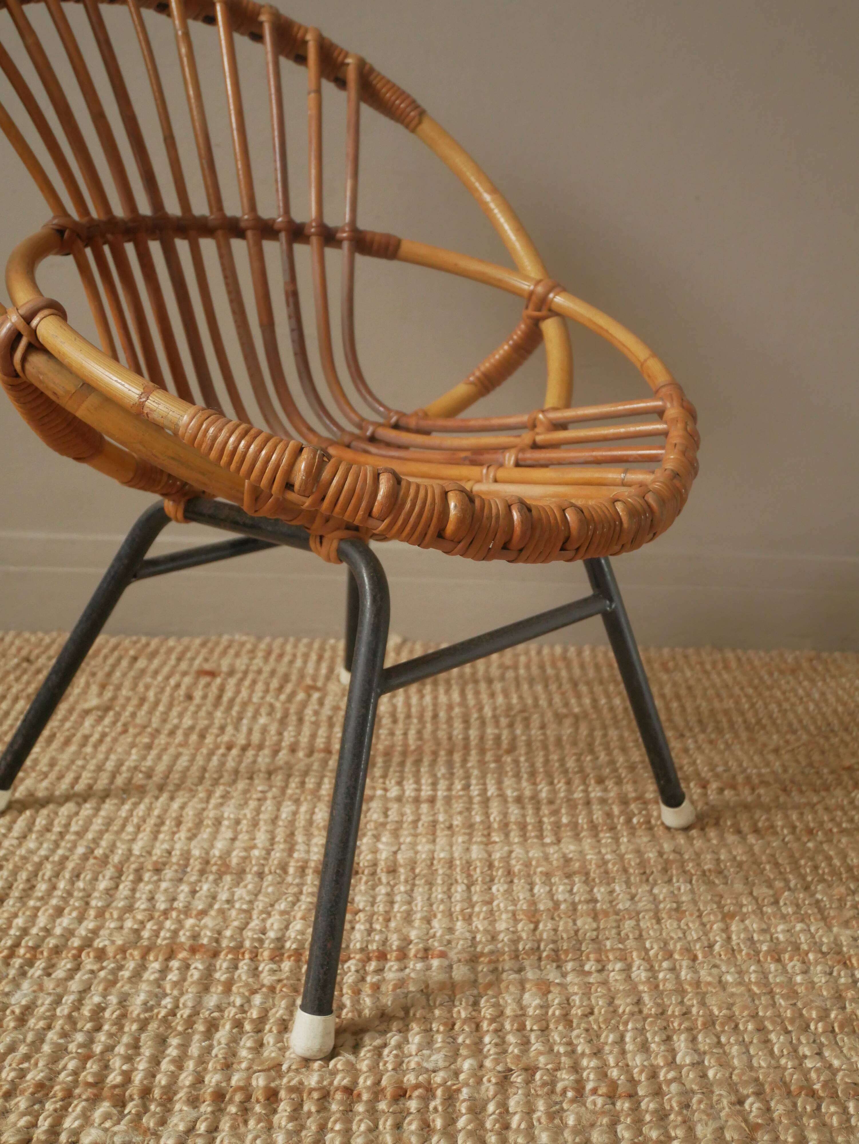 Vintage bamboo wicker rattan armchair Scandinavian decoration child retro chair black metal base