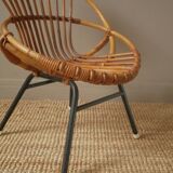 Vintage bamboo wicker rattan armchair Scandinavian decoration child retro chair black metal base