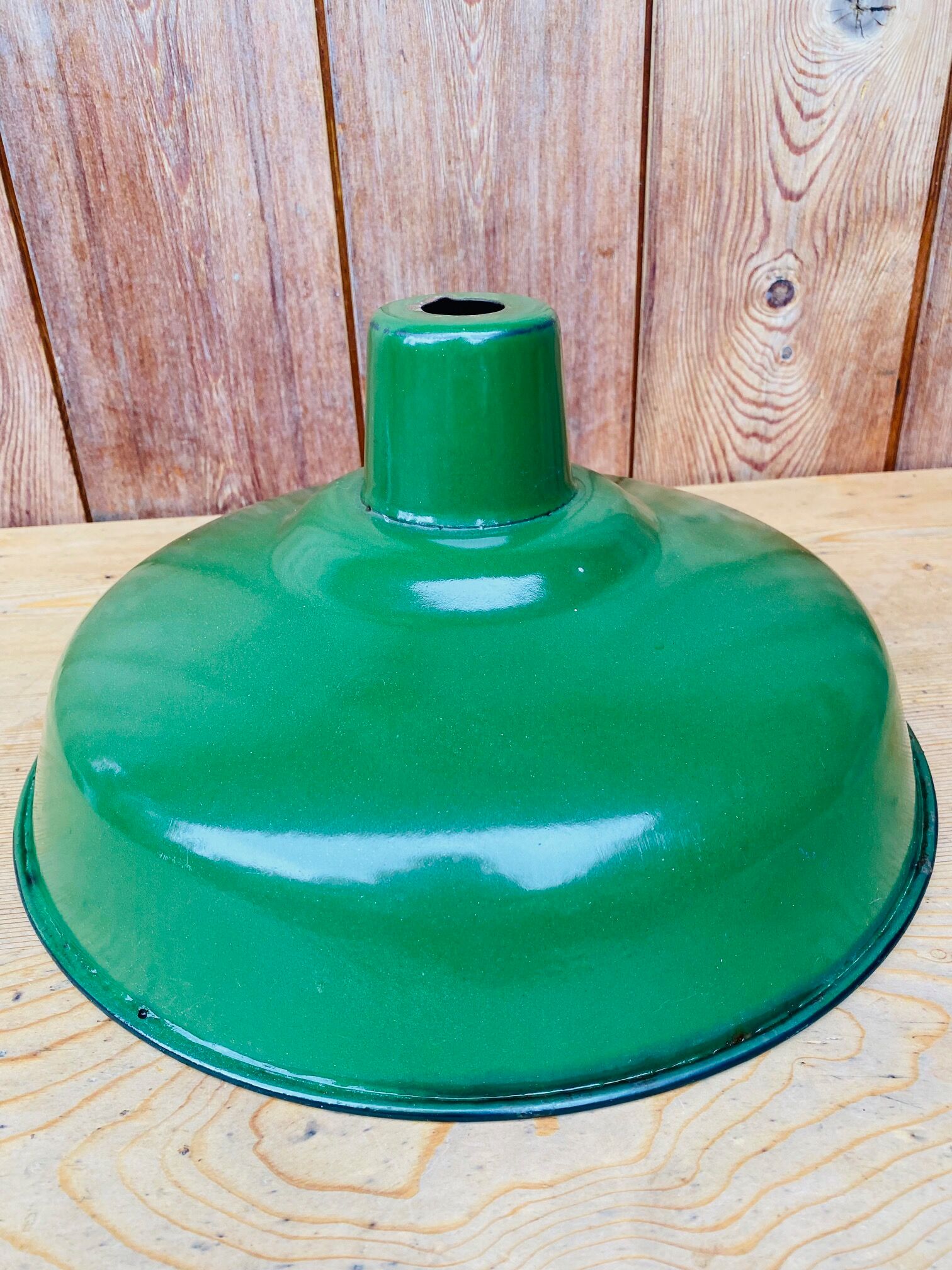 Workshop suspension in sheet metal emmaillé green interior white.