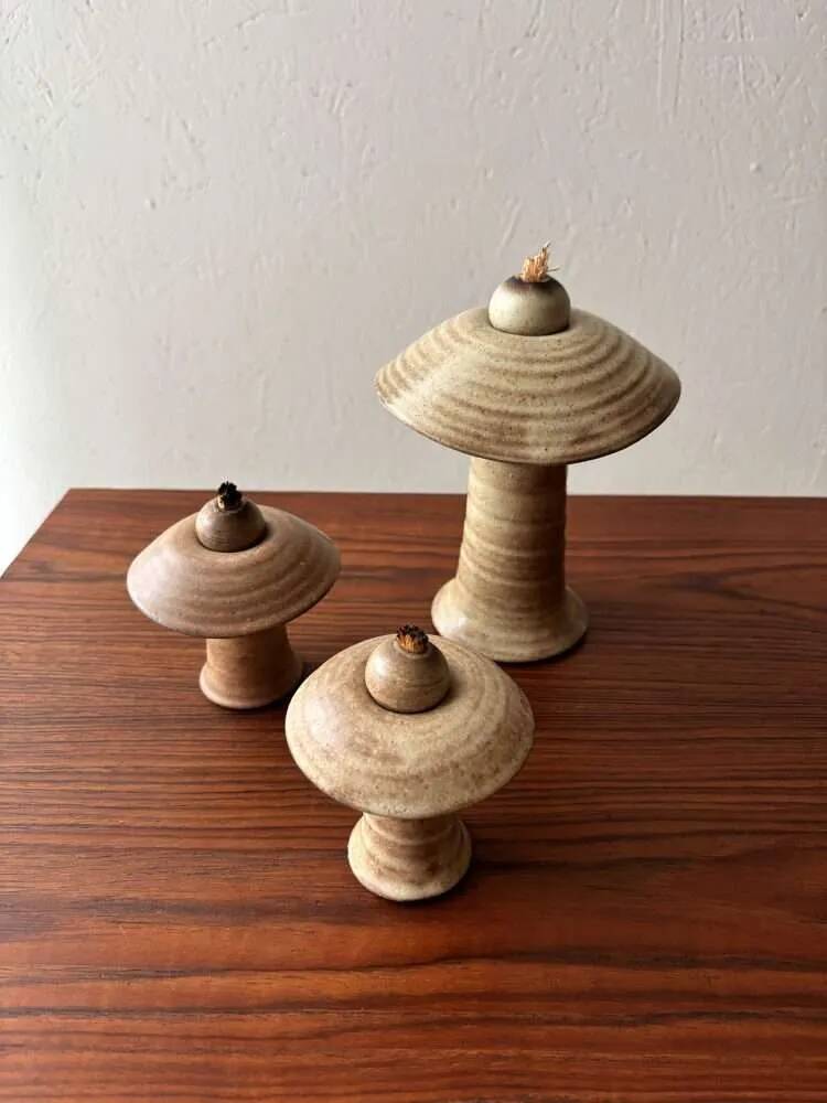 Set of three ceramic mushroom oil lamps by Freek Berends from the 1970s.