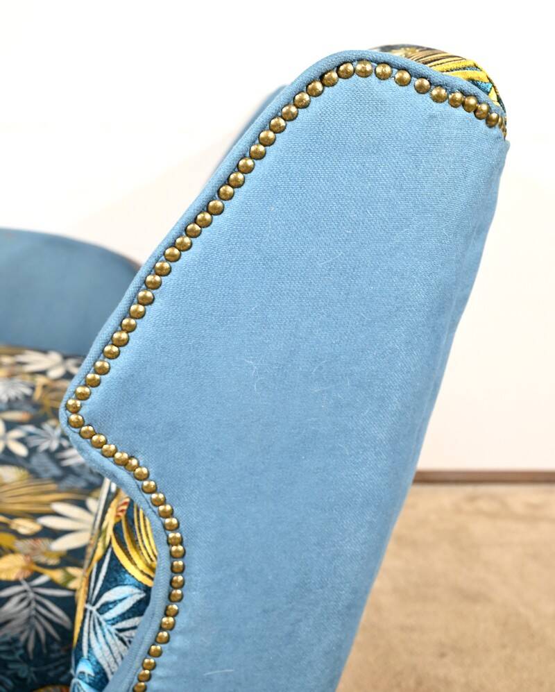 2-Seater Bench in Azure Blue Fabric – 1940s
