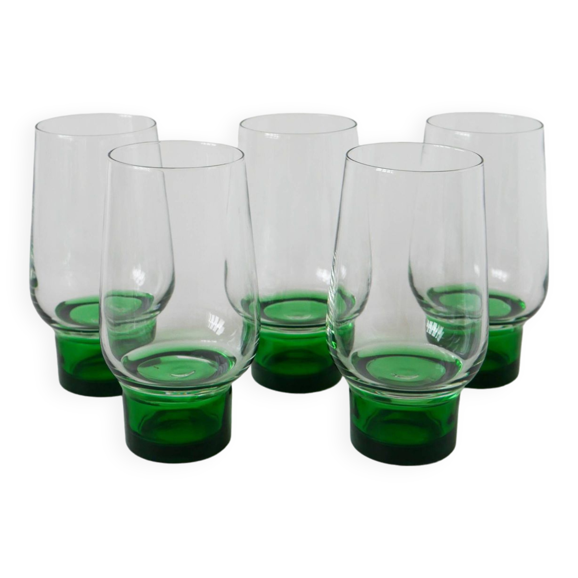 Set of 5 Long Drink Design glasses with green legs, 1970