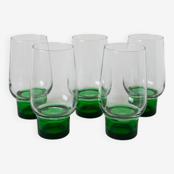 Set of 5 Long Drink Design glasses with green legs, 1970