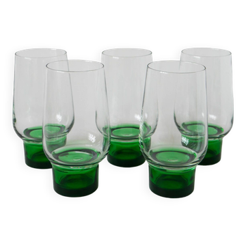 Set of 5 Long Drink Design glasses with green legs, 1970