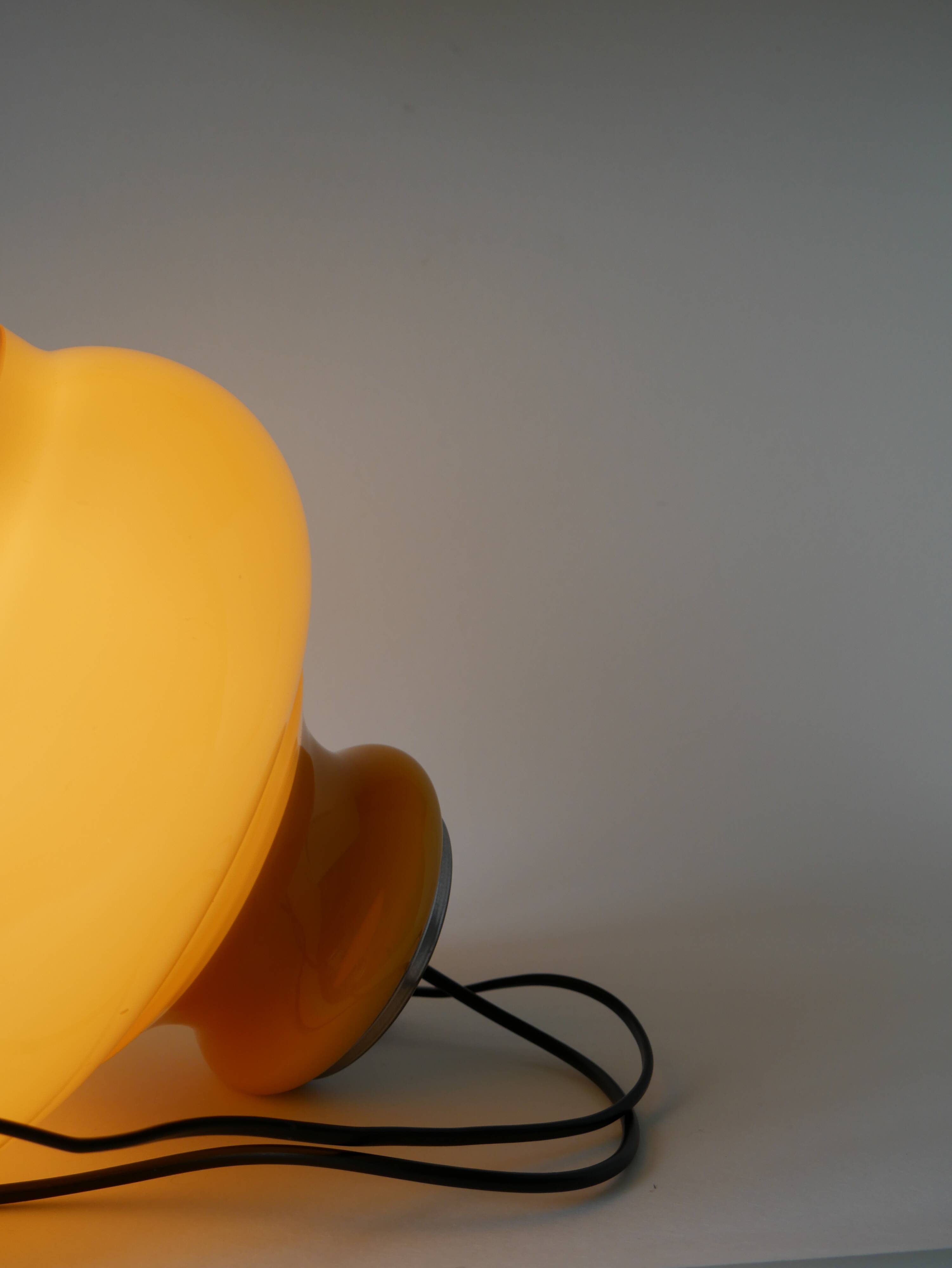 Yellow opaline pendant light with metal arc, Design, 1970