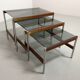 3 tables gigognes Fristho de design hollandais avec plateau en verre fumé et cadre en wengé, années 60