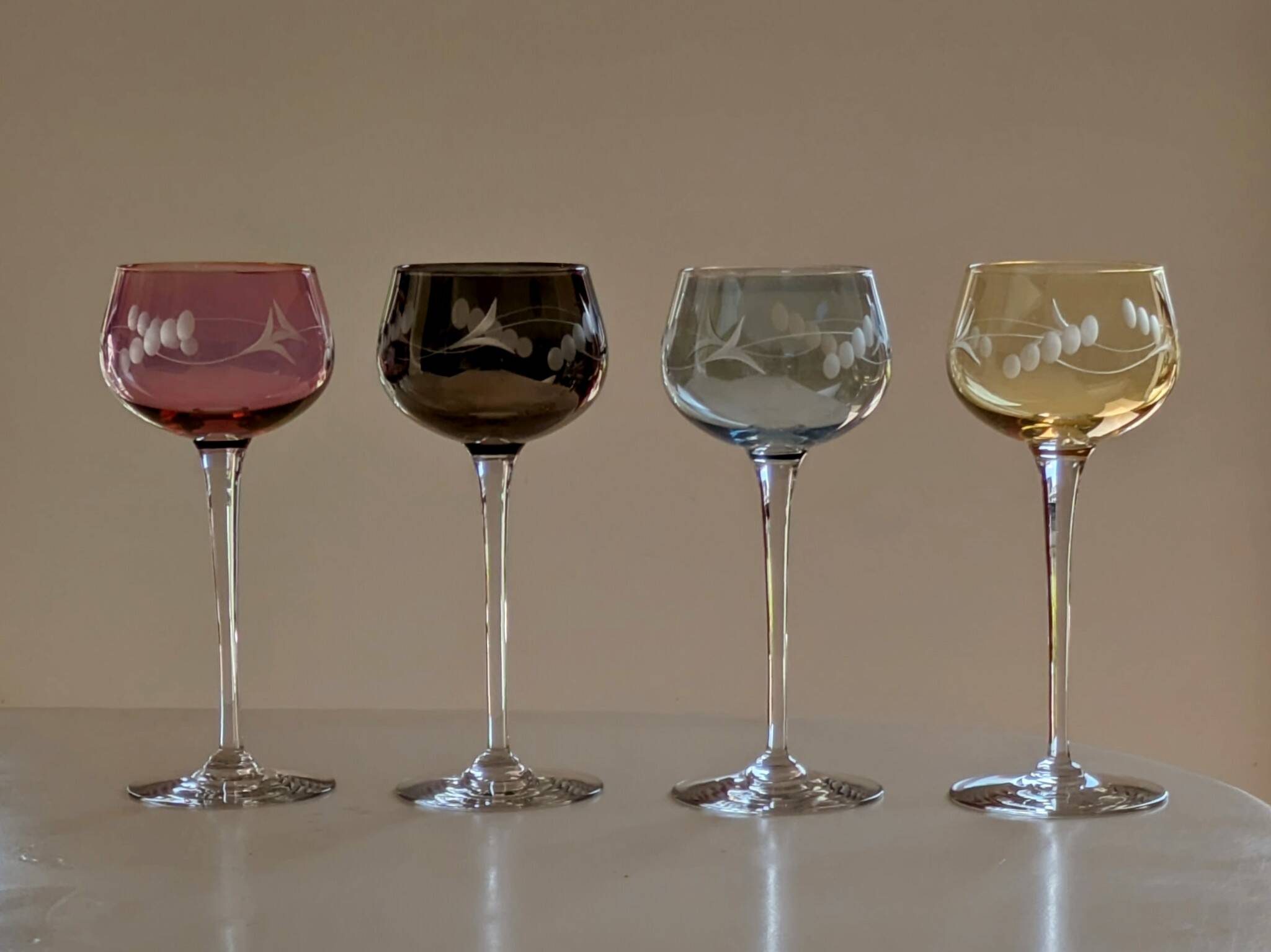 Set of 4 Hand Engraved "Harlequin" Colored Crystal Wine Glasses 1960
