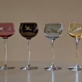 Set of 4 Hand Engraved "Harlequin" Colored Crystal Wine Glasses 1960
