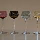 Set of 4 Hand Engraved "Harlequin" Colored Crystal Wine Glasses 1960