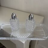 Tray with crystal salt and pepper shakers