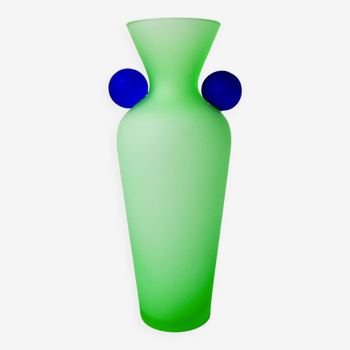 Vase en verre de murano satiné vert et bleu, style menphis, italie, 1980
