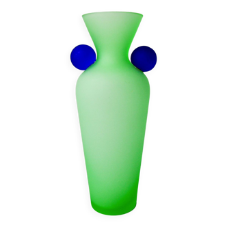 Green and blue satin murano glass vase, Menphis style, Italy, 1980