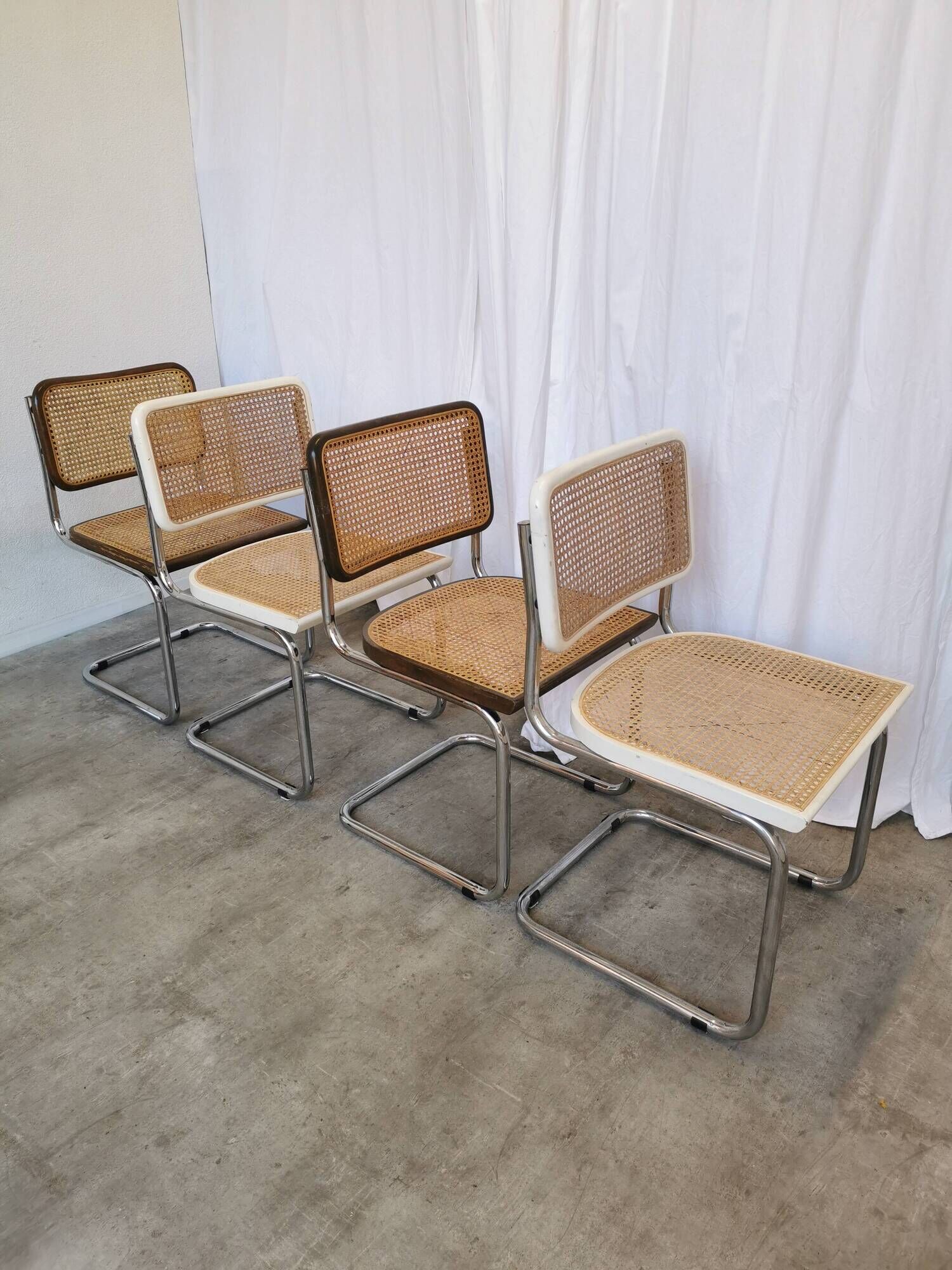 Set of 4 vintage cesca dining chairs / 2 brown 2 white / cane seat mid-century