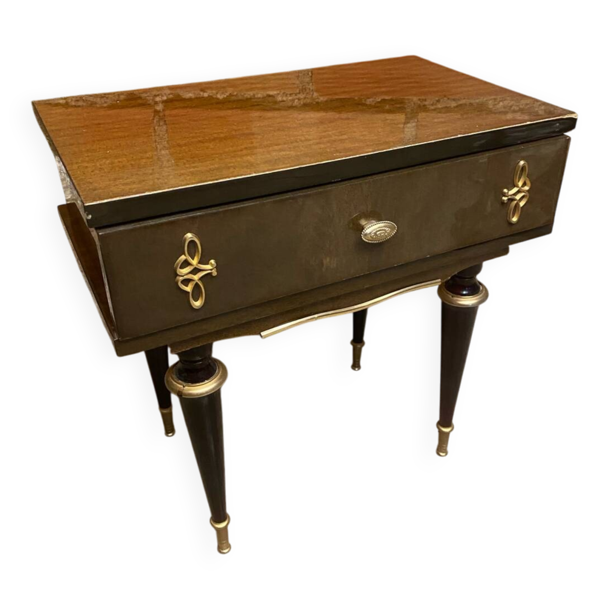 Antique Nightstand N252 Drawer Lacquered Wood Mid 20th Century Vintage