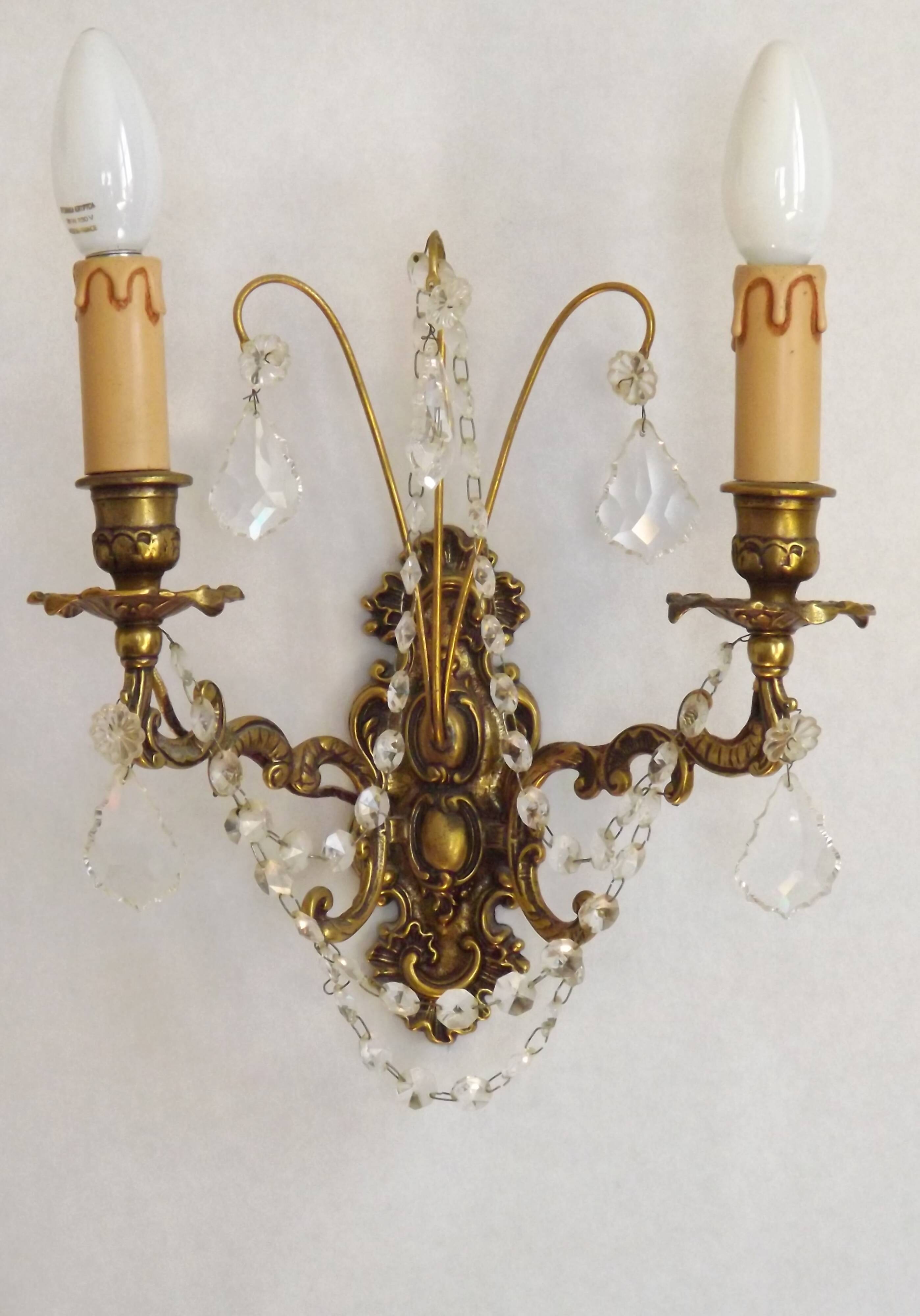 Pair of French Baroque Double Bronze Crystal Wall Lights Glass Bead Swags