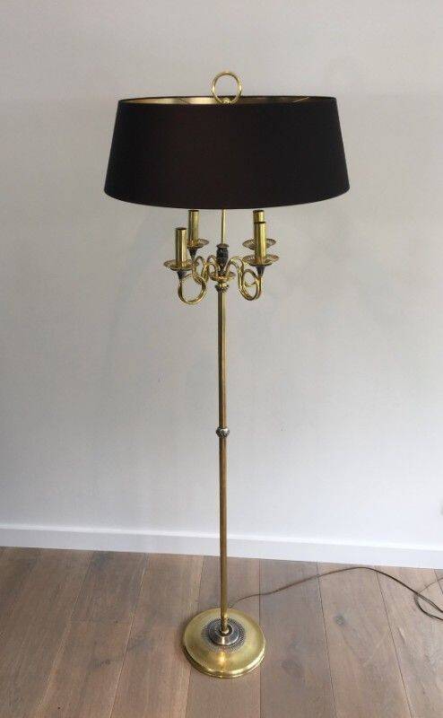 Floor lamp in brushed steel and brass. In the style of Maison Charles