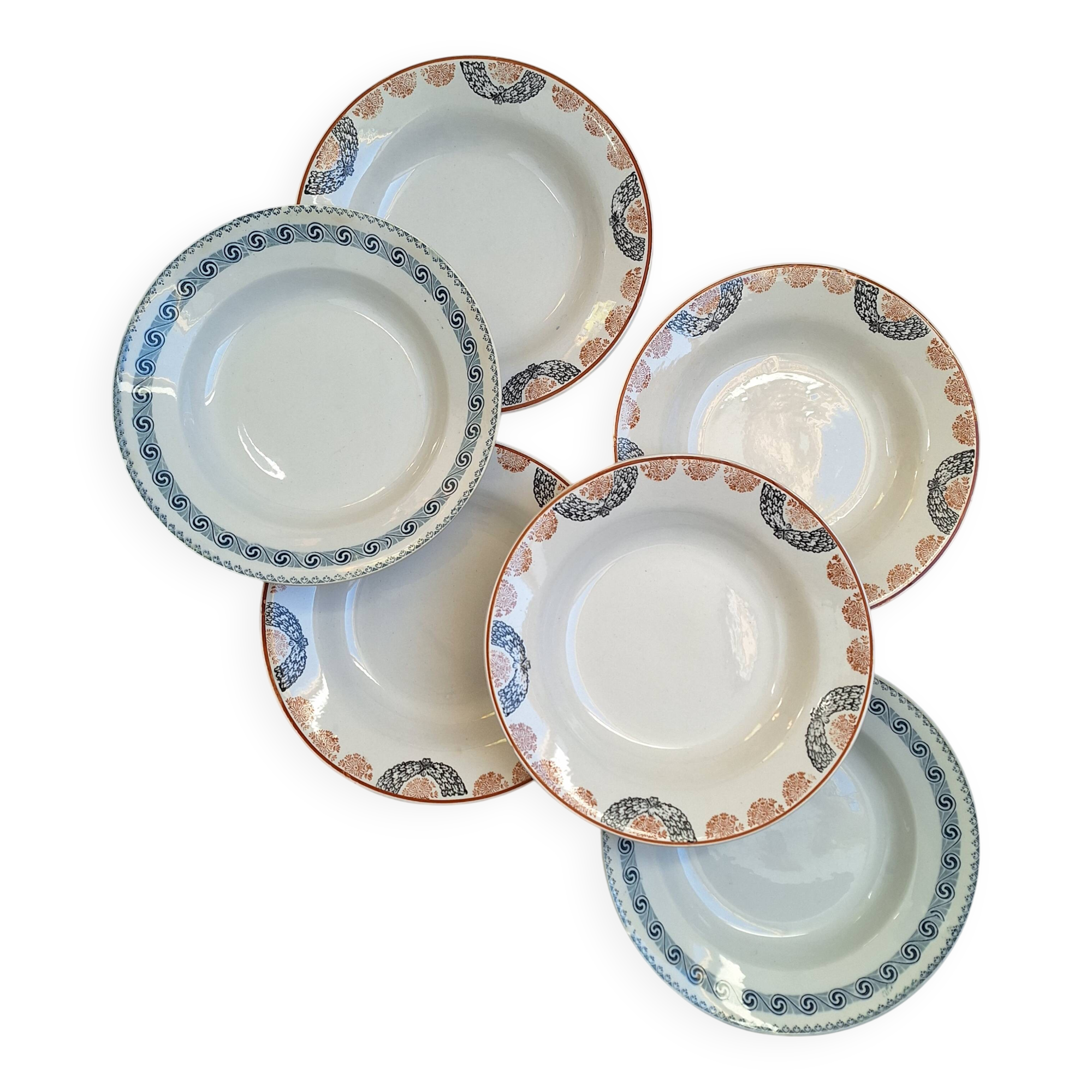 Orange and blue deep plates HBCM and St Amand.