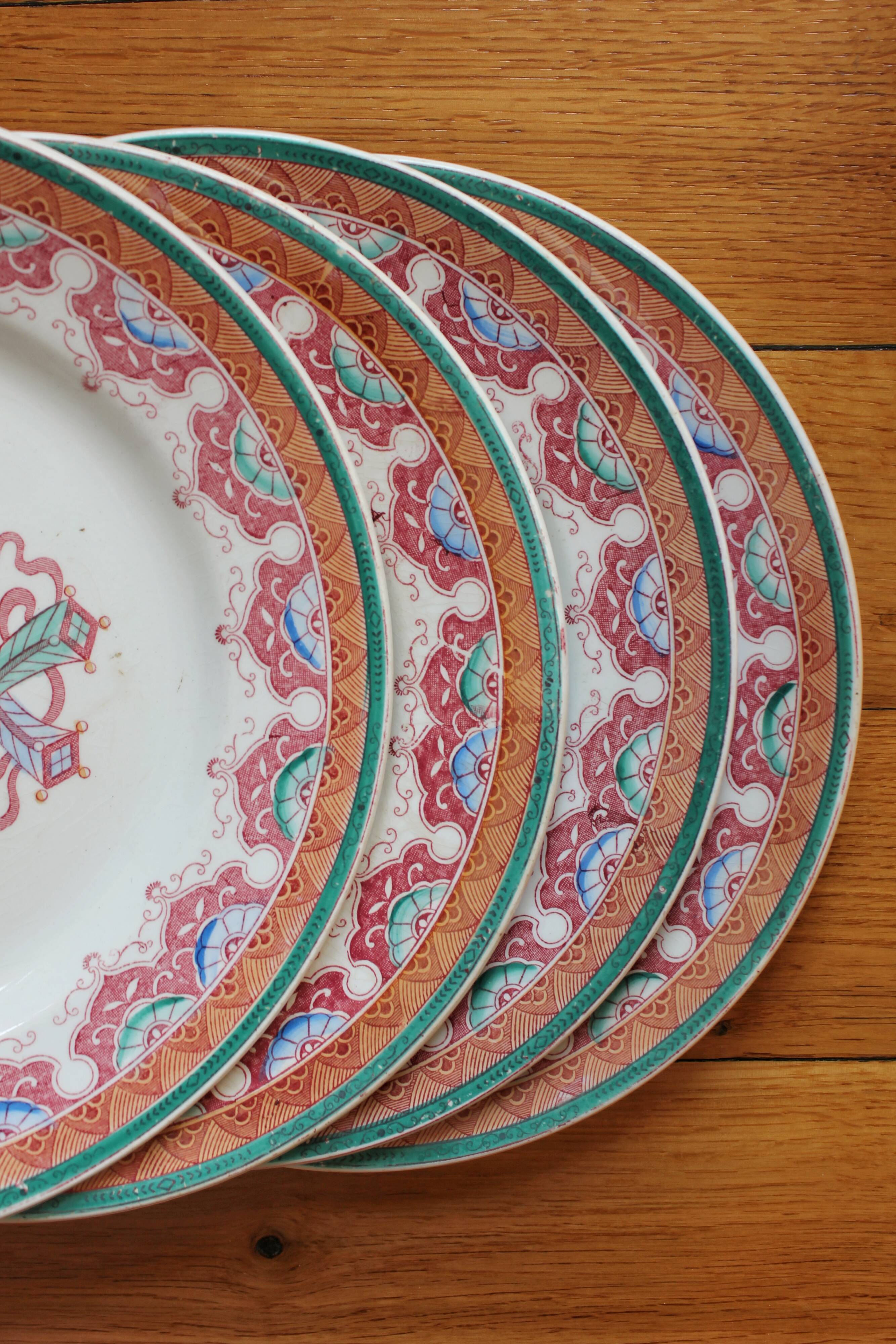 4 polychrome ironstone dessert plates, "Chinese" model, U&C Sarreguemines