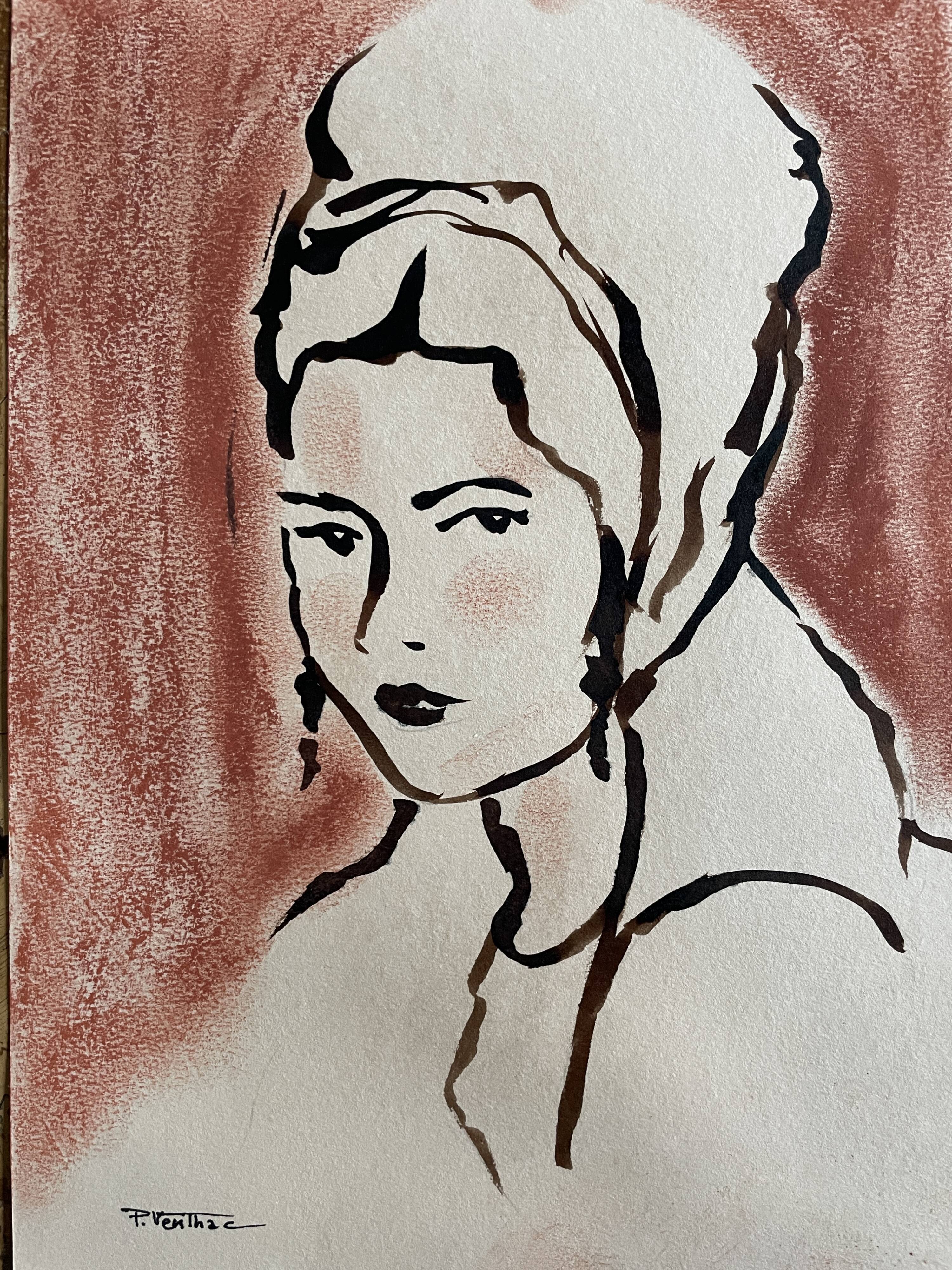 Painting signed Indian ink and pastel female portrait “study with headdress”