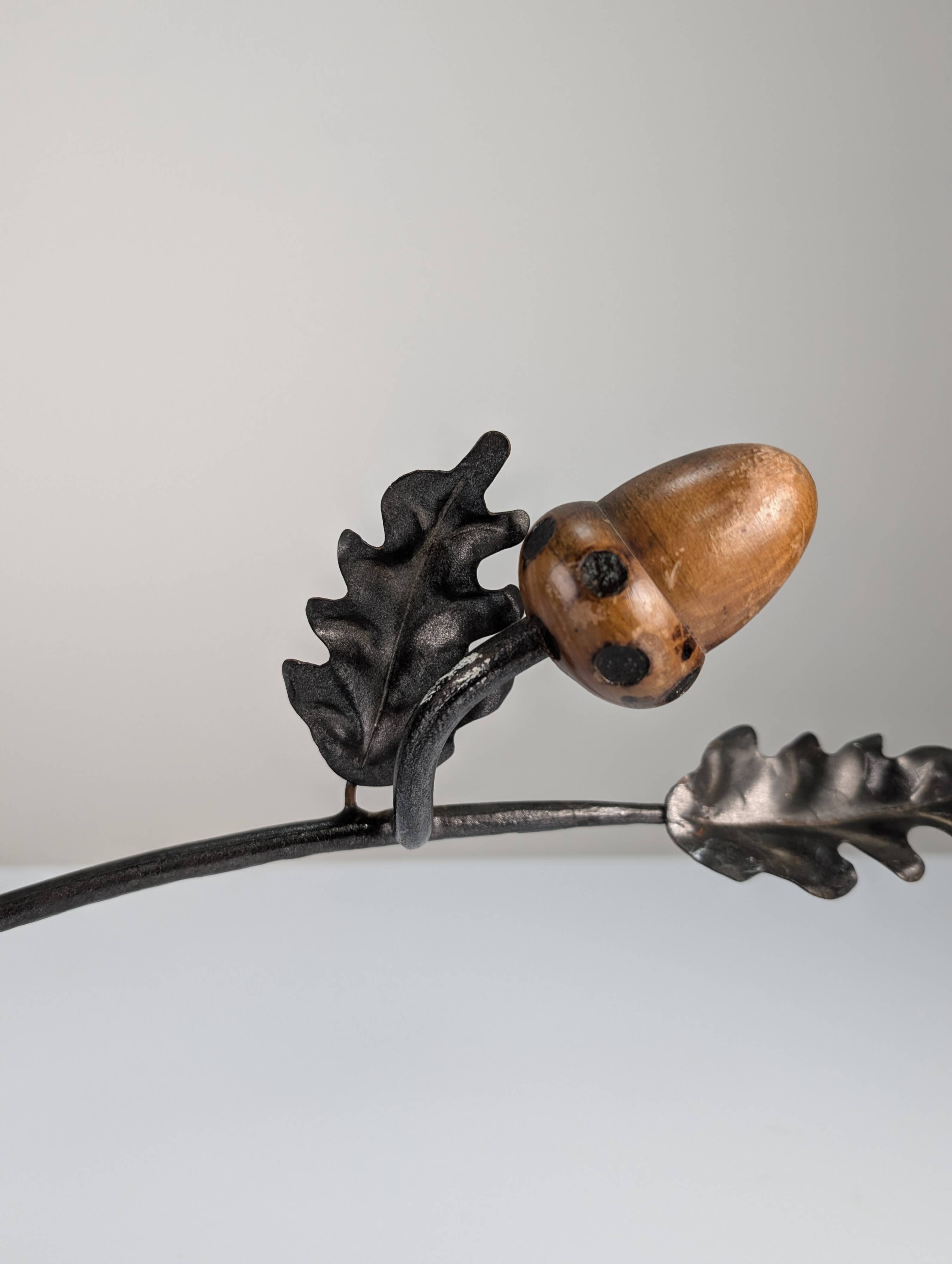 Signed Hand-Forged Iron & Wood Acorn Coat Rack, 1960s