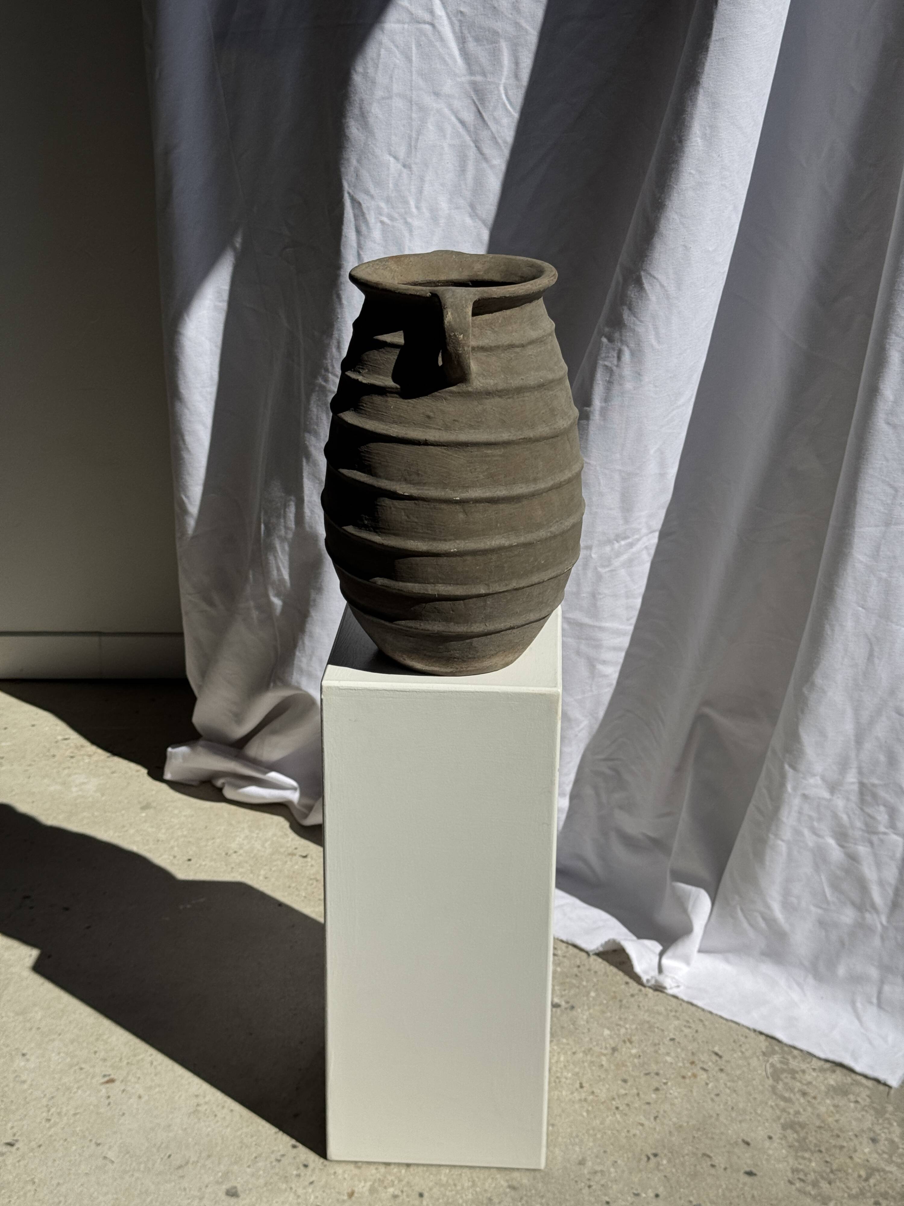 Large oval vase with double handles, featuring raised grey-beige stripes, H42 D28.