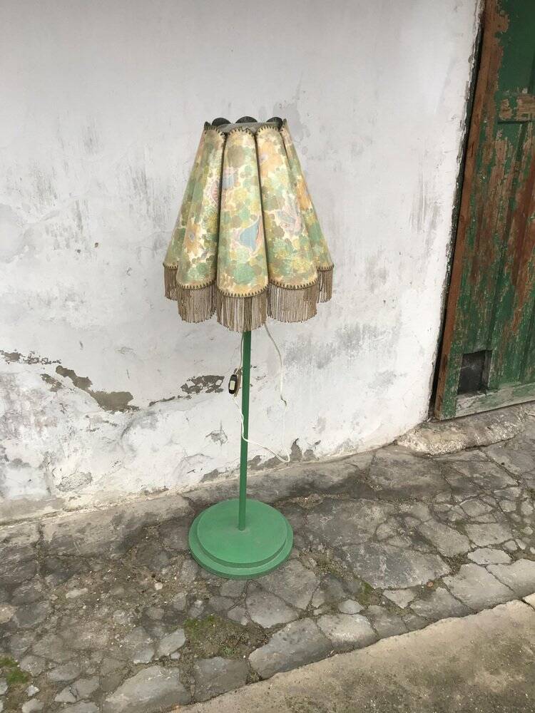 Mid-century green plastic and wood floor lamp, coral fringed shade (1950s)