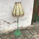 Mid-century green plastic and wood floor lamp, coral fringed shade (1950s)