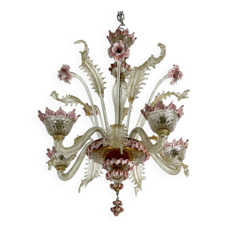 Lustre vintage en verre de Murano floral fabriqué à la main à 5 bras avec de l'or. Italie années 1910