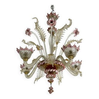 Vintage 5 arms handcrafted floral Murano glass chandelier with gold. Italy 1910s