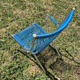 Vintage children's scoubidou chair with chrome metal frame and blue seat