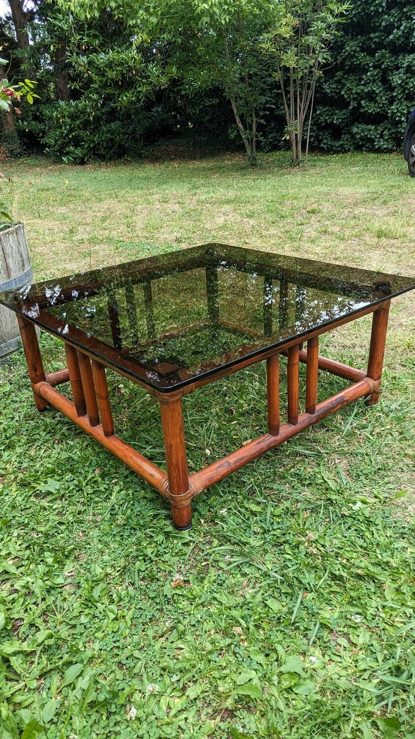 Vintage bohemian chic 70s smoked glass bamboo coffee table