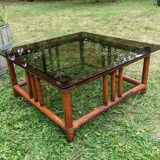 Vintage bohemian chic 70s smoked glass bamboo coffee table