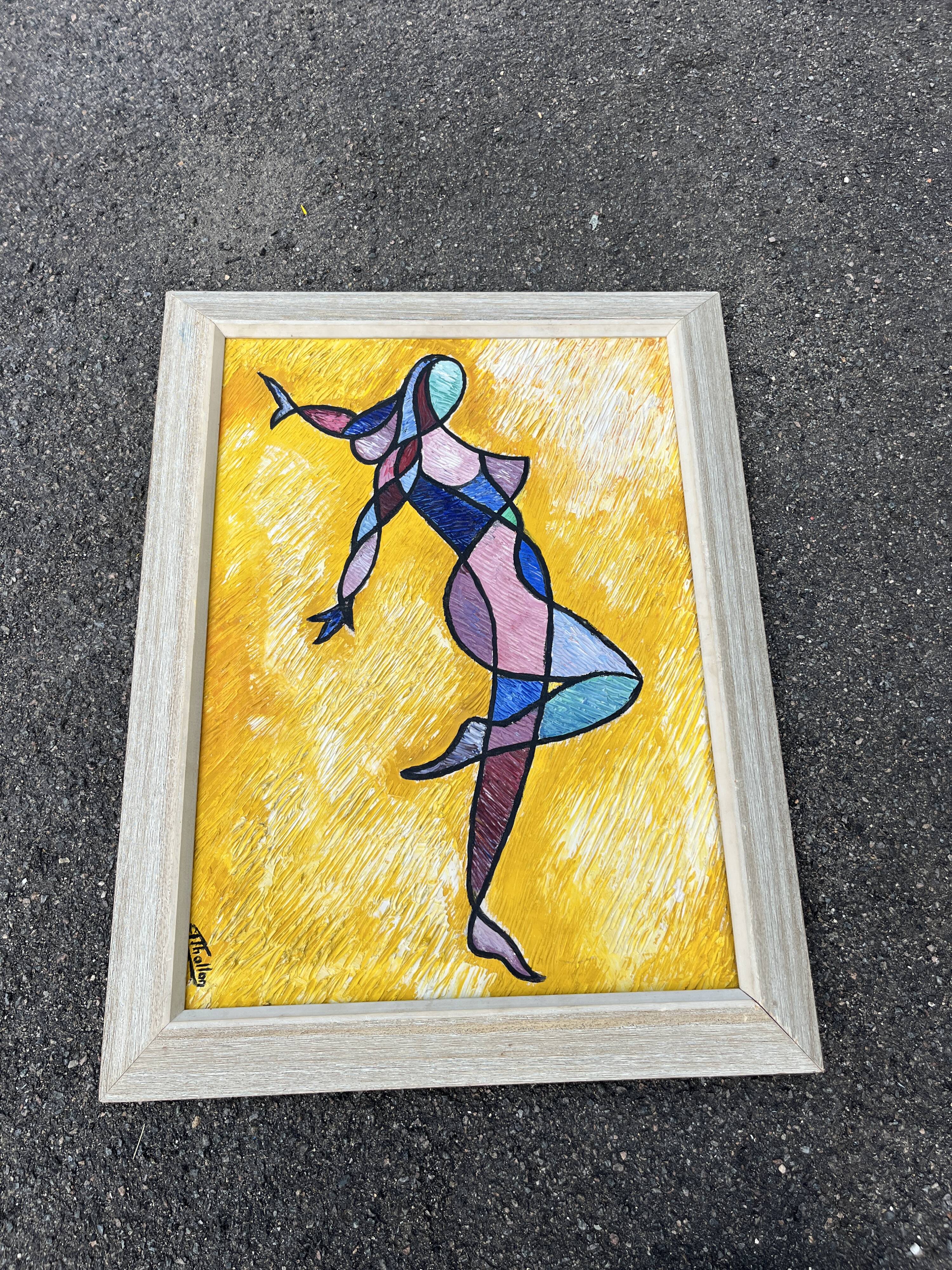 Tableau Vintage Modernist Cubist 84x65 cm – Signed Thallon