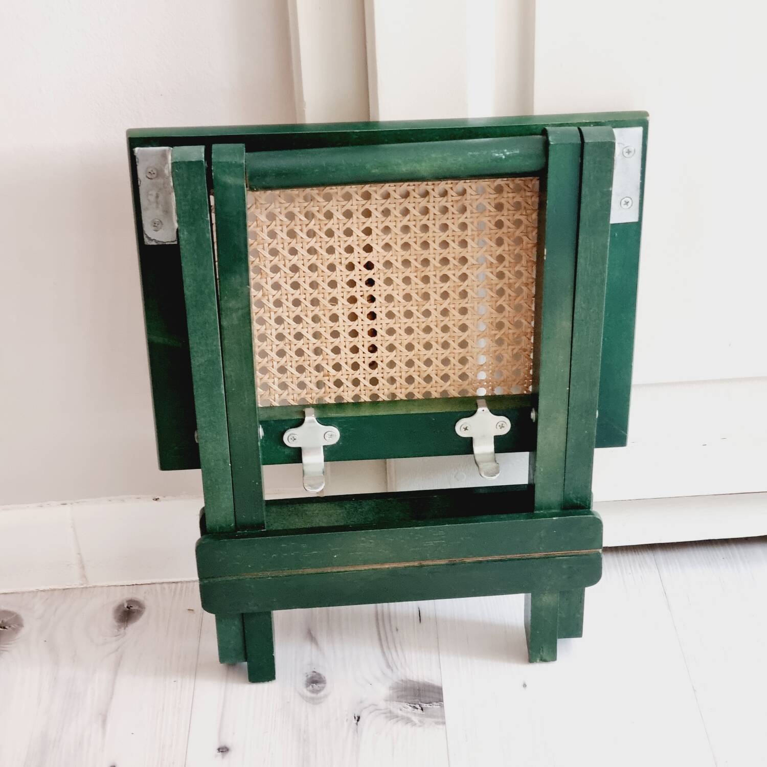 Small folding stool in green wood and cane