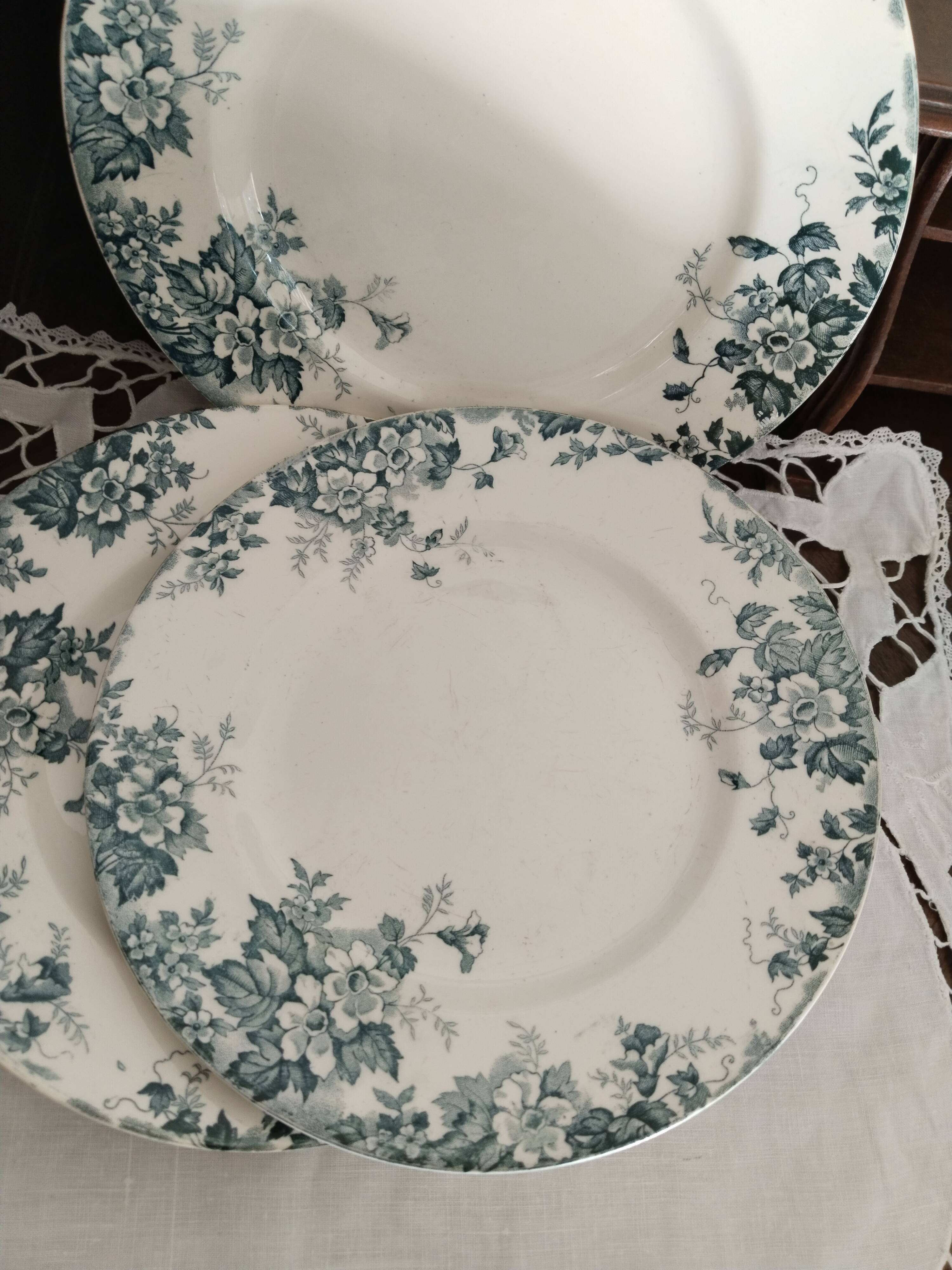 Flat plates (3) in earthenware from Saint Amand and Hamage, Terre de fer, Marie Louise model