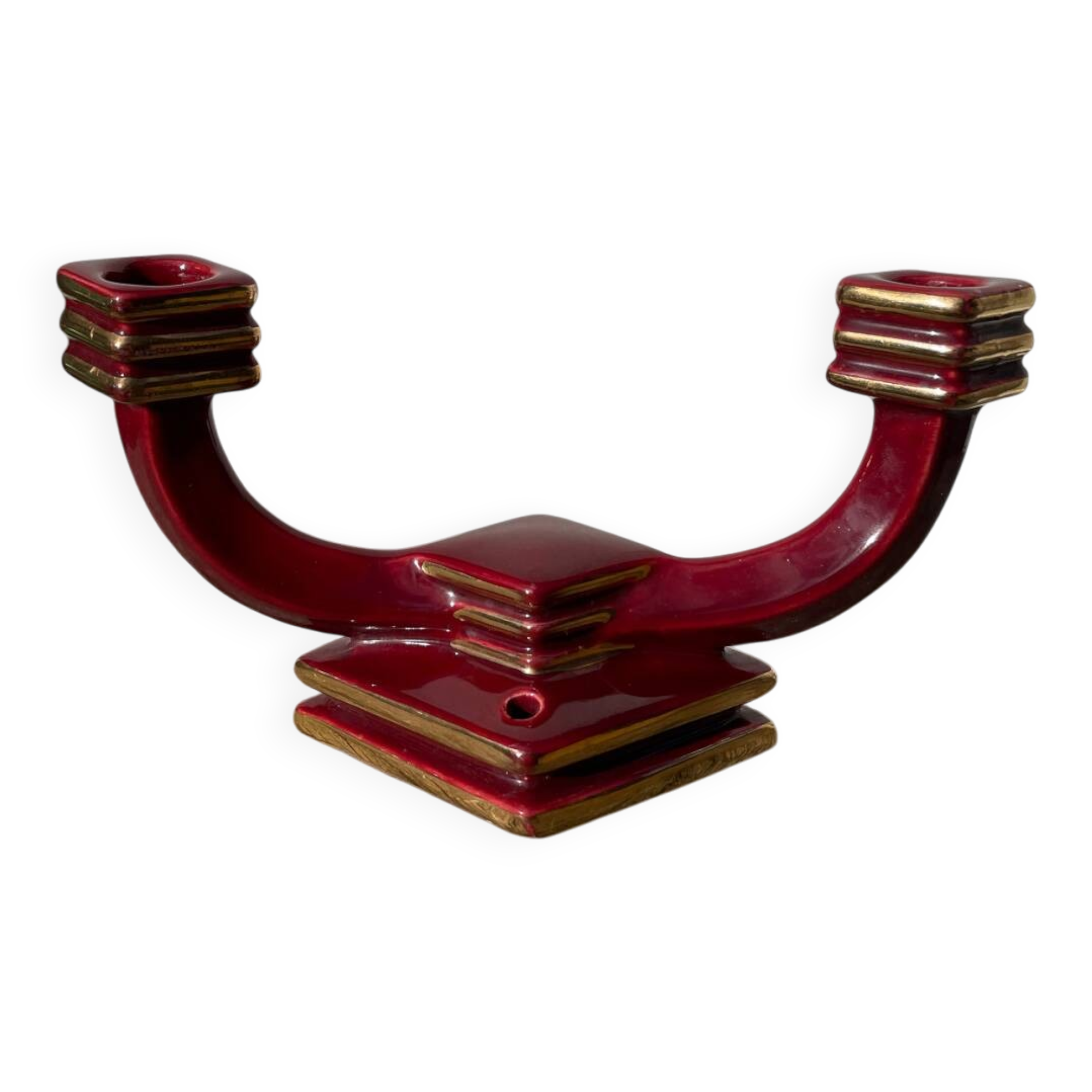 Art Deco burgundy red ceramic candlestick