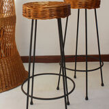 Rattan bar and 2 metal foot stools