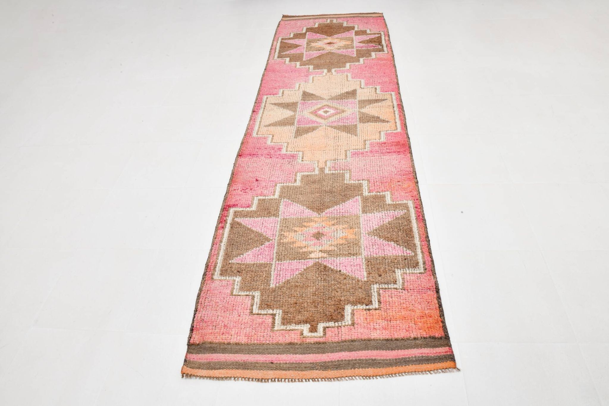 3x11 Pink and Brown Rare Colors Runner Rug, Wool Kilim Rug, 94x320Cm