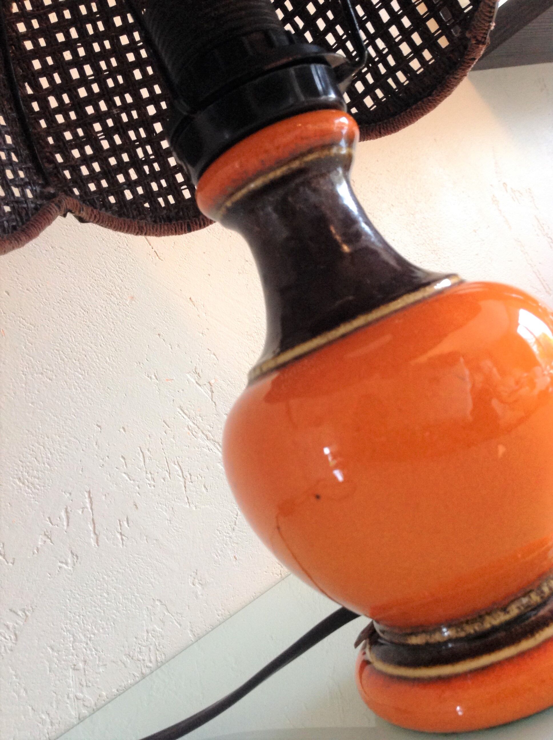 Orange ceramic lamp and brown canned lampshade by Pan Keramik / 60s-70s