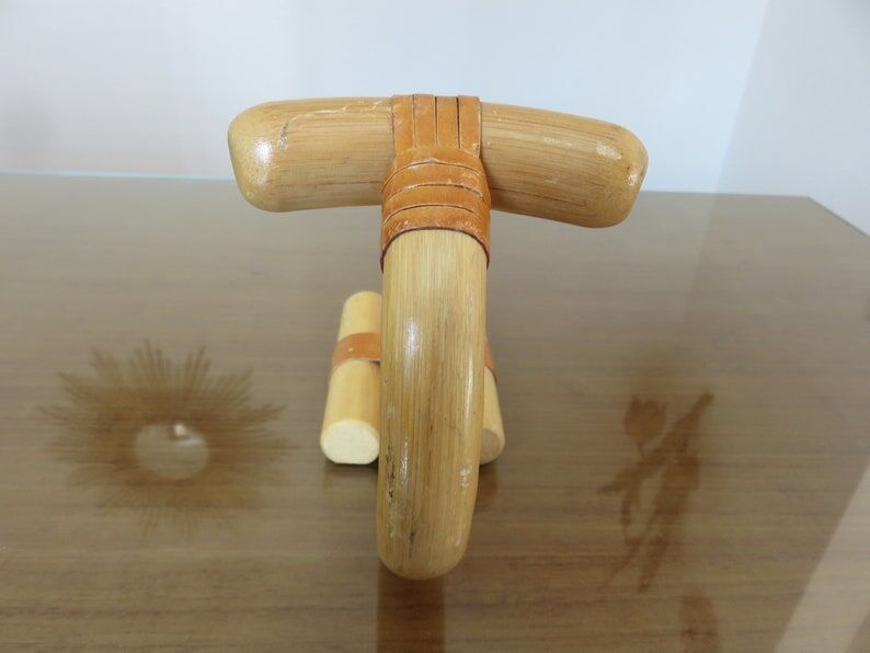 Wooden wall coat door hook with leather straps 60s 70s