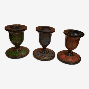 Trio of vintage painted wood candle holders