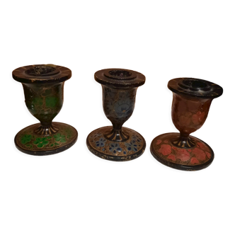 Trio of vintage painted wood candle holders