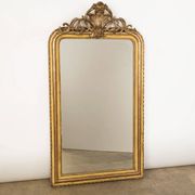 19th C antique yellow gold antique mirror with crest